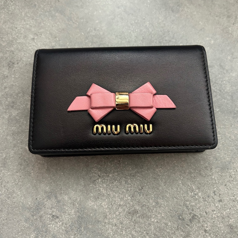 Authentic MIU MIU Vintage Ribbon Leather Bifold Wallet Purse Black Pink